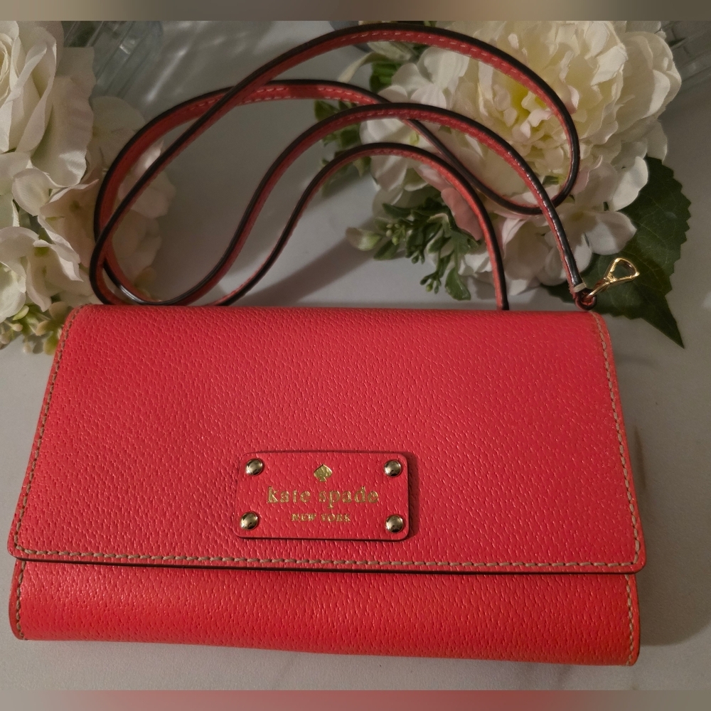 kate spade Coral Pebbled Leather Crossbody Wallet with Gold Accent